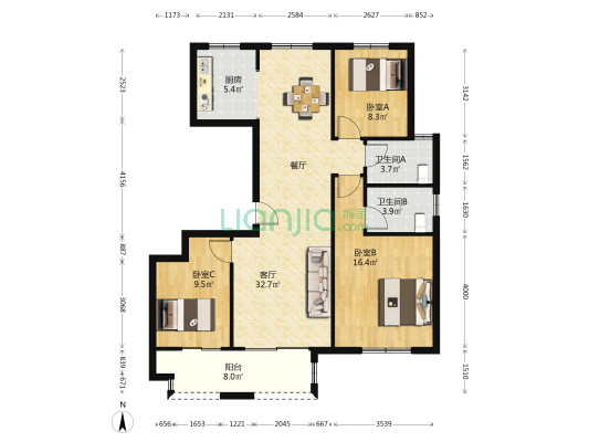 吾悦华府三期 3室1厅2卫 116平方