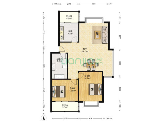 香山苑 2室1厅1卫 108平方