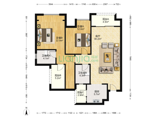 凤凰城观语 2室1厅2卫 102平方
