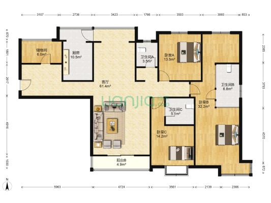 世茂运河城尚运苑 3室1厅3卫 183平方