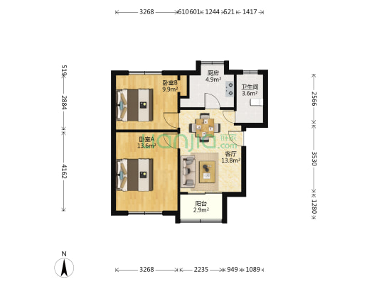 牡丹坊天风阁 2室1厅1卫 57平方