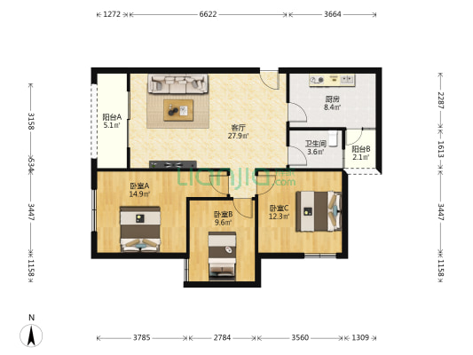 蓝色港湾一期 3室1厅1卫 108平方