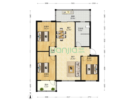 祥居苑 3室2厅1卫 119平方