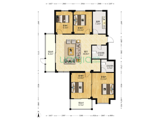 枫丹白鹭三期 4室1厅2卫 128平方