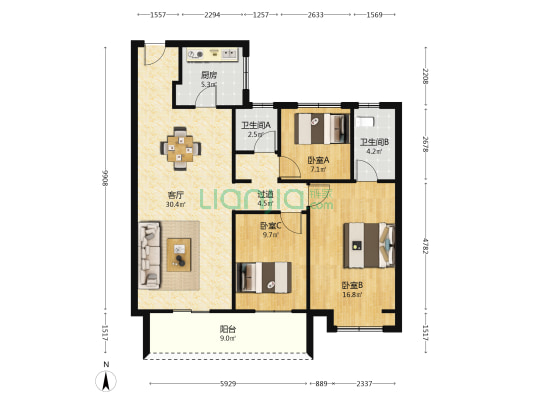 楚岳公馆 3室1厅2卫 114平方