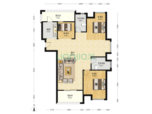 东湖ONE 3室1厅2卫 142平方