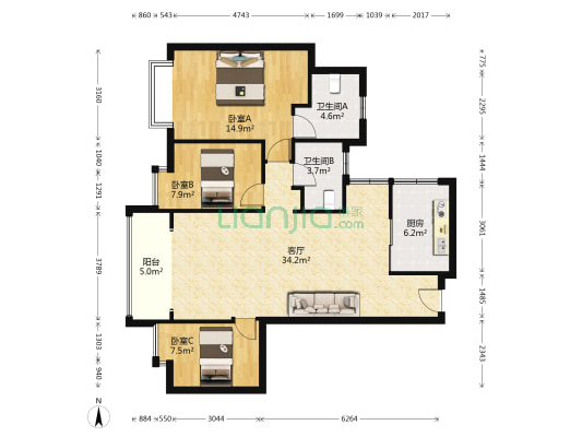 黄埔雅苑一期 3室1厅2卫 107平方