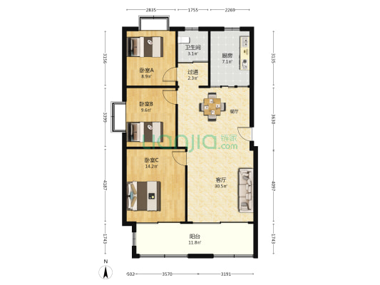 金地花园 3室1厅1卫 108平方