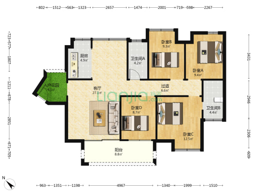 畔山悦海花园 4室1厅2卫 117平方