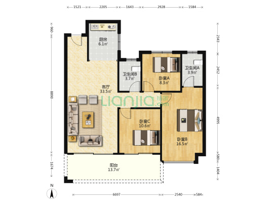 华杰福源府 3室1厅2卫 118平方