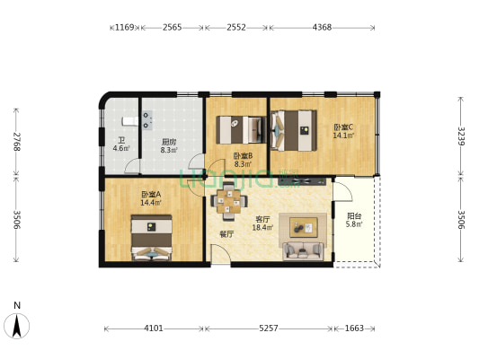 里水太行市场步梯房 3室1厅1卫 89平方