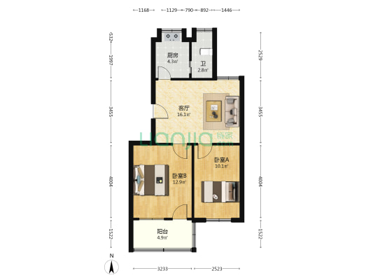 万代公寓 2室1厅1卫 62平方
