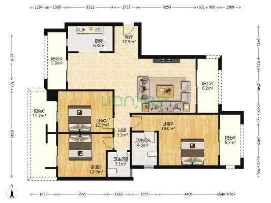 龙湖·翡翠山 3室1厅2卫 125平方