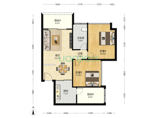 学府苑（万州） 2室1厅1卫 88平方