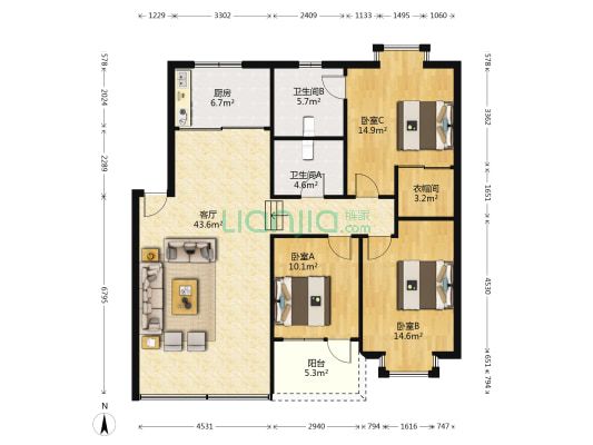 民主路28号 3室1厅2卫 127平方