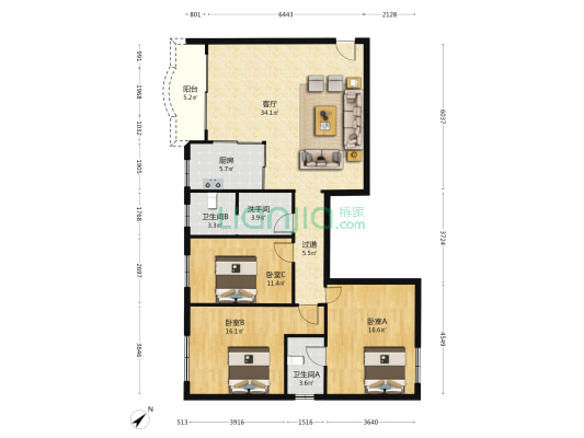 富华大厦 3室1厅3卫 119平方
