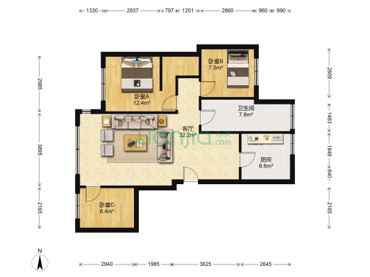 鑫城蓝湾 3室1厅1卫 100平方