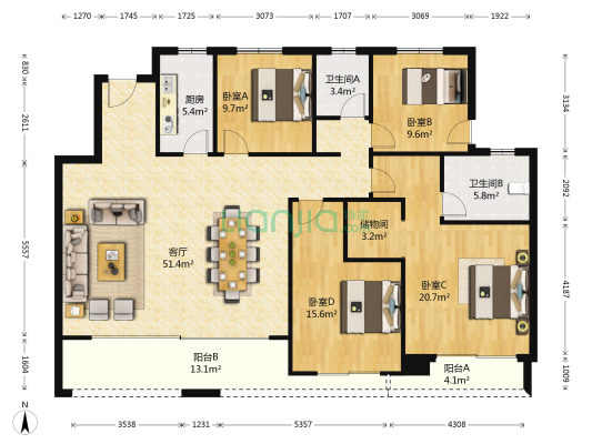 湖光山色 4室1厅2卫 169平方