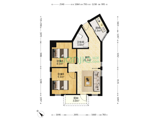 三角楼 2室1厅1卫 63平方