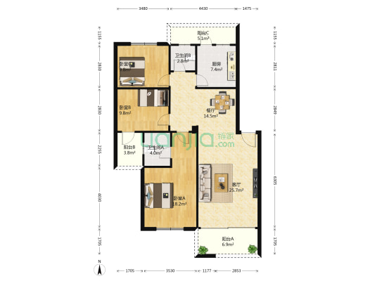 城市花园宝华阁 3室2厅2卫 115平方