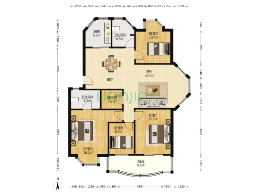 凤凰家园 4室1厅2卫 125平方