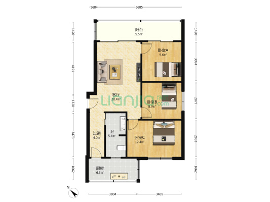 内曹家巷8号 3室1厅1卫 88平方