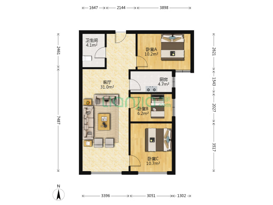 鸿坤全阳三居  楼位置好   次卧室无遮挡   采光充足-户型图