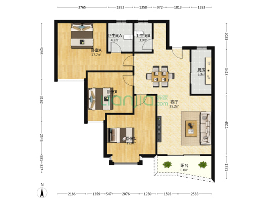 瑞城加州花园 3室1厅2卫 121平方