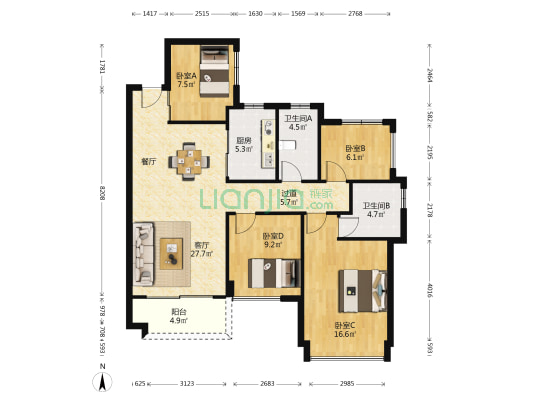 星河丹堤S2区 4室1厅2卫 102平方