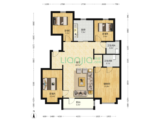 万科未来城一期 3室1厅2卫 137平方