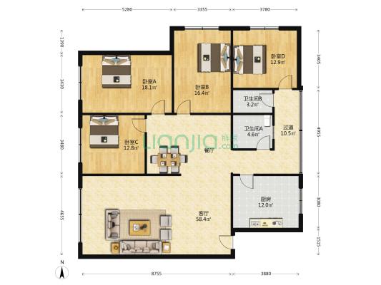 新新路63号 4室1厅2卫 170平方