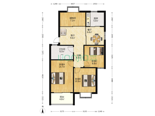 棕榈泉山庄 3室2厅1卫 94平方