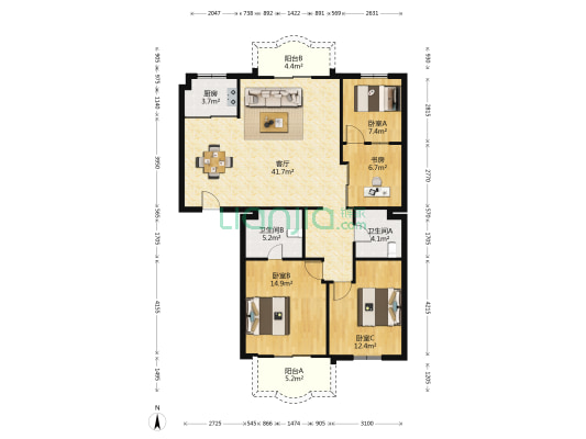 祥湖小区 4室1厅2卫 123平方