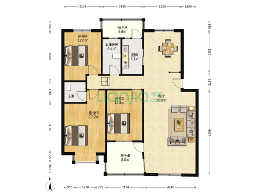 滨江公寓 3室1厅2卫 132平方