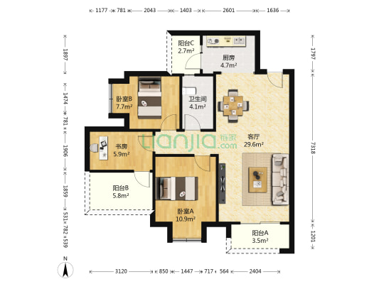 合能珍宝玲珑 3室1厅1卫 86平方