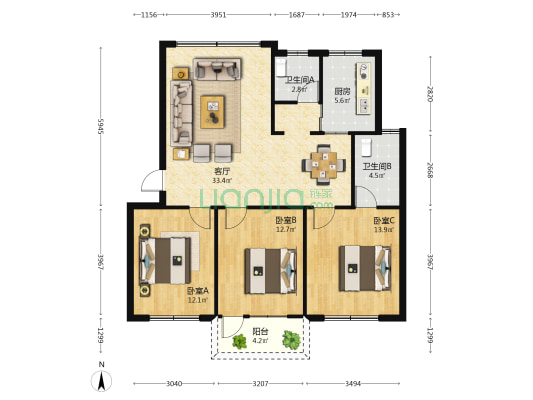 南宁市南湖公务员住宅小区 3室1厅2卫 107平方