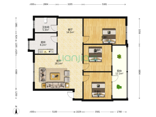 锦玉家园 3室2厅1卫 141平方