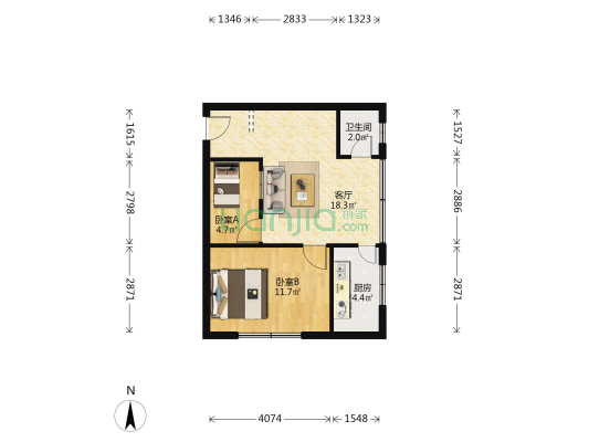 火柴厂宿舍 2室1厅1卫 44平方