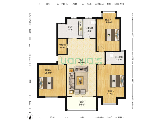 康居新江南 3室1厅2卫 130平方