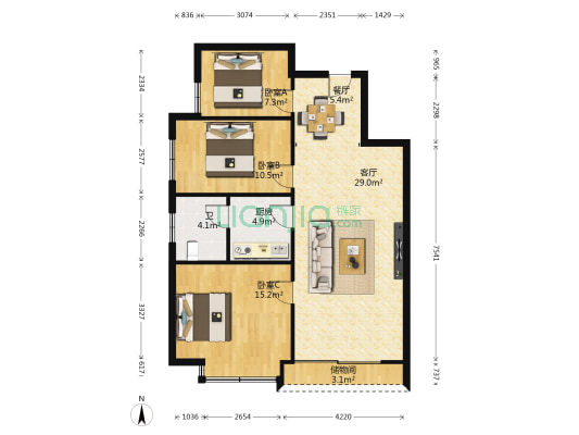 天域新都 3室2厅1卫 97平方