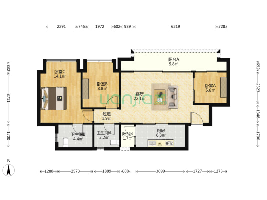金地自在城朗峯 3室1厅2卫 87平方
