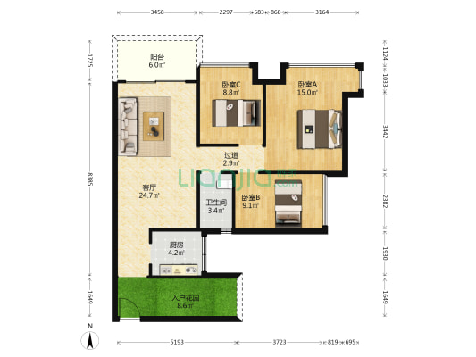 皓玥花园 3室1厅1卫 90平方