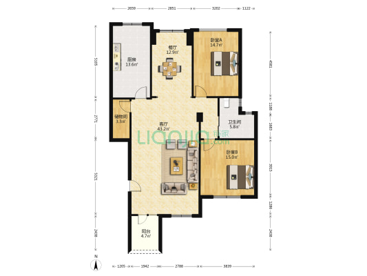 上东壹号一期 2室2厅1卫 120平方