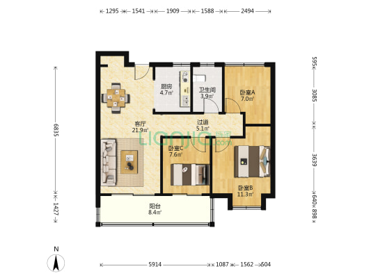 京冠悦荣府 3室1厅1卫 91平方