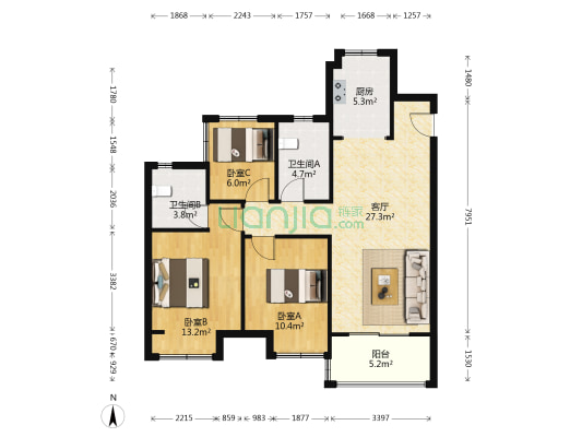 大境天成东区 3室1厅2卫 106平方
