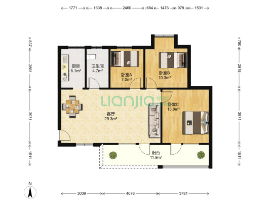巢上城锦园 3室1厅1卫 89平方