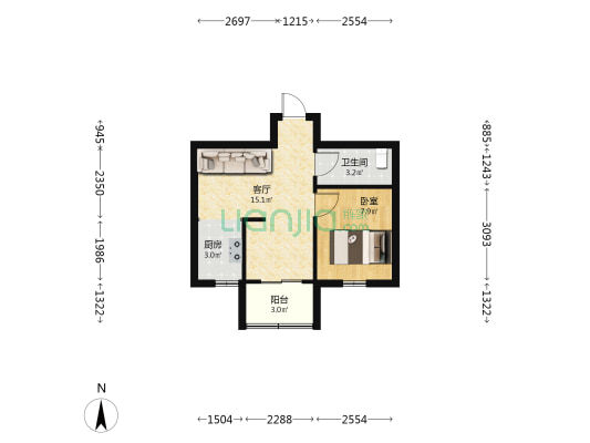 胪雷新城七区 1室1厅1卫 45平方