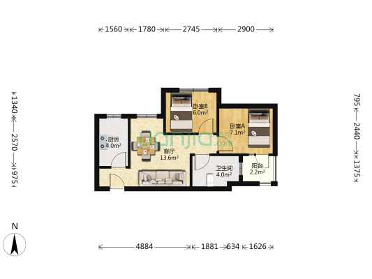 保利芳园 2室1厅1卫 52平方