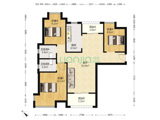 龙城汇萃园 3室1厅2卫 108平方