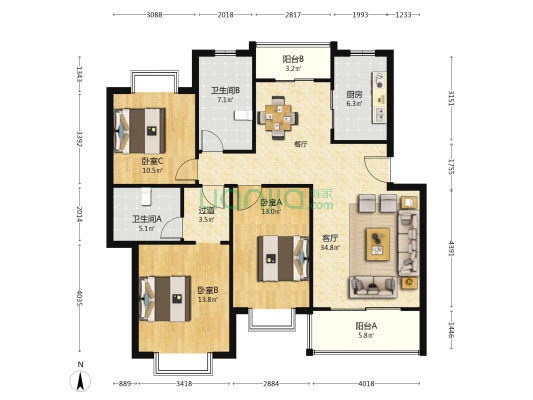 金来苑 3室1厅2卫 119平方